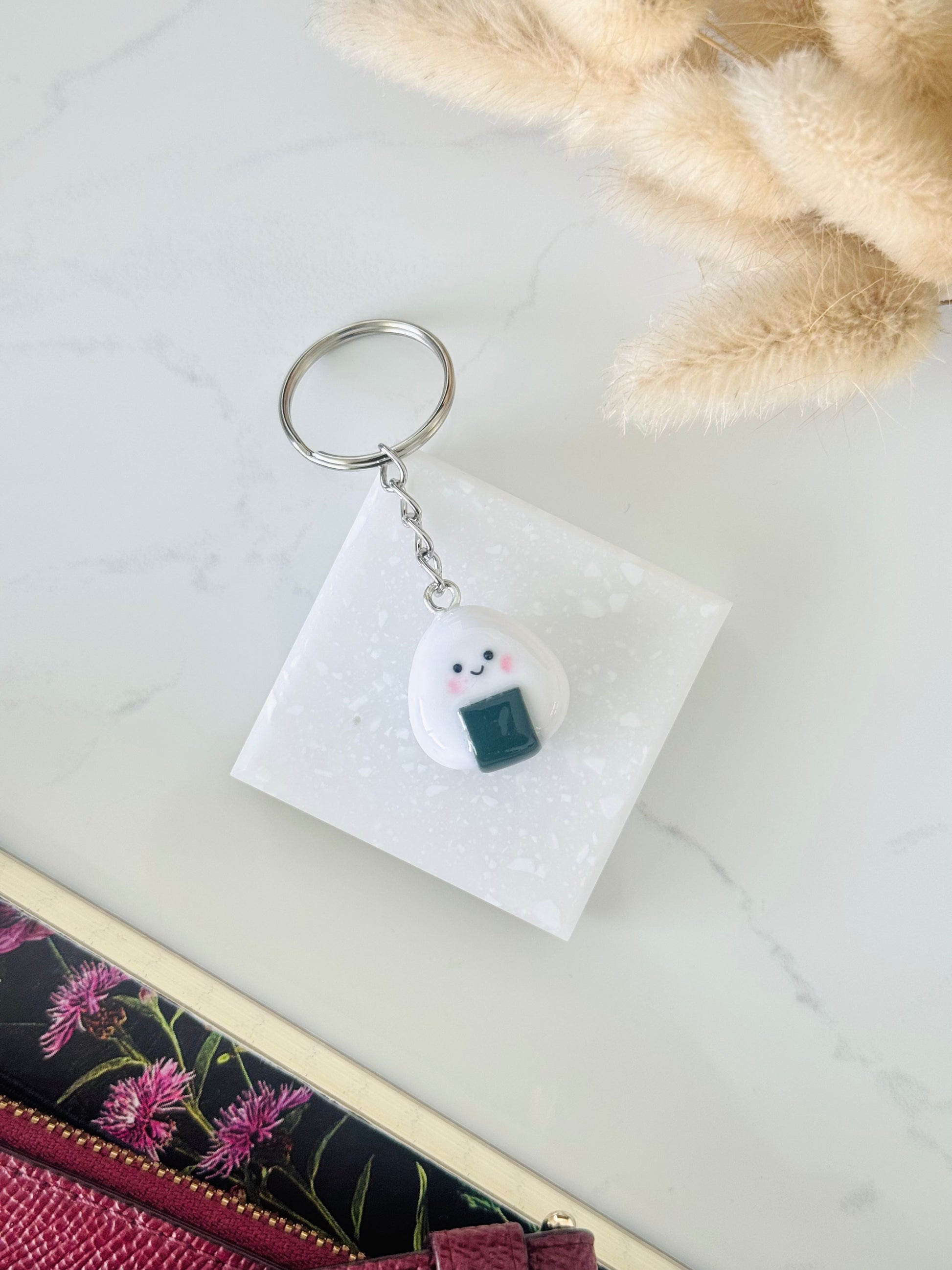 Handmade polymer clay onigiri keyring for keys and bags NZ