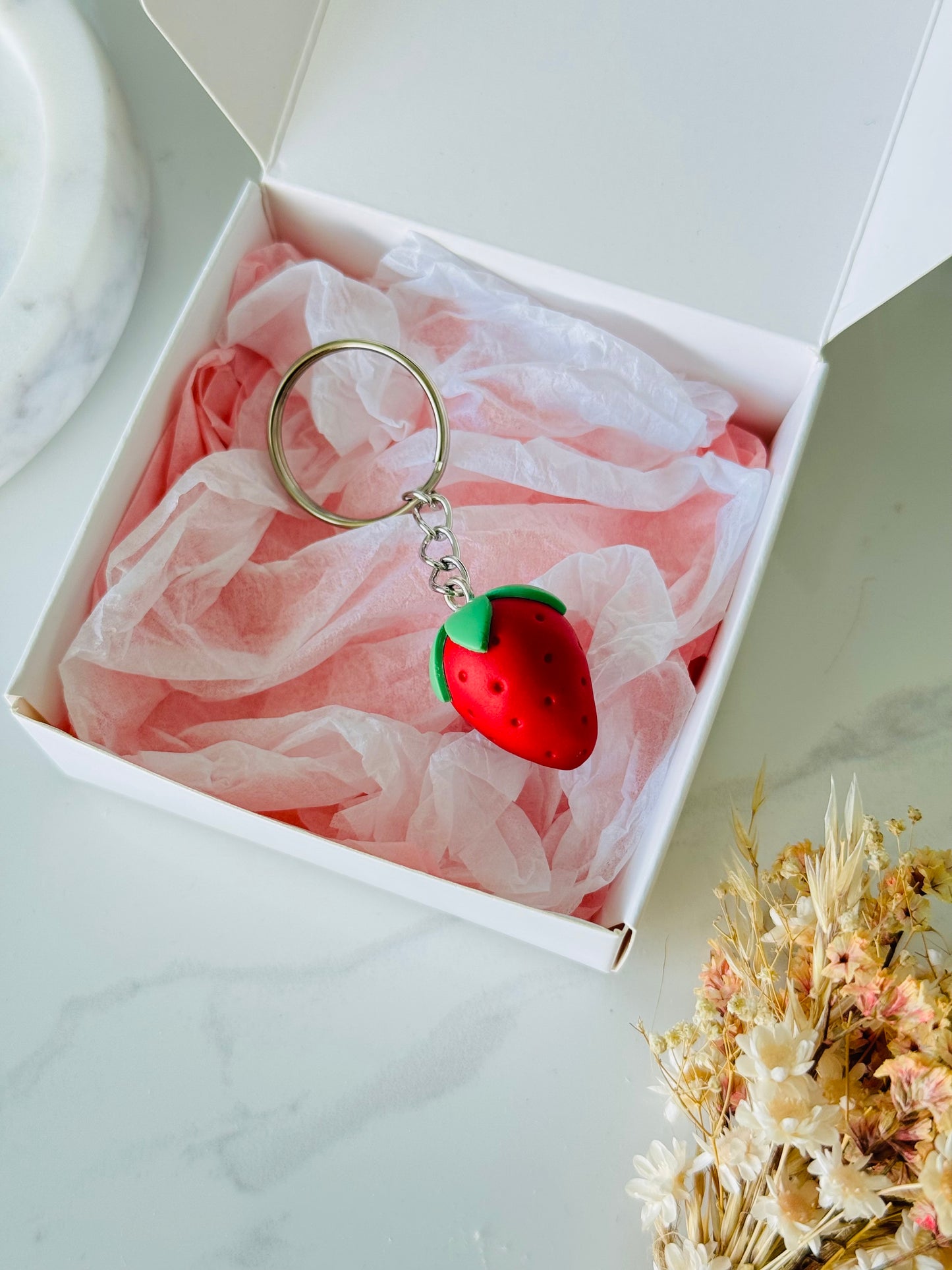 Handmade polymer clay strawberry keyring for keys and bags NZ
