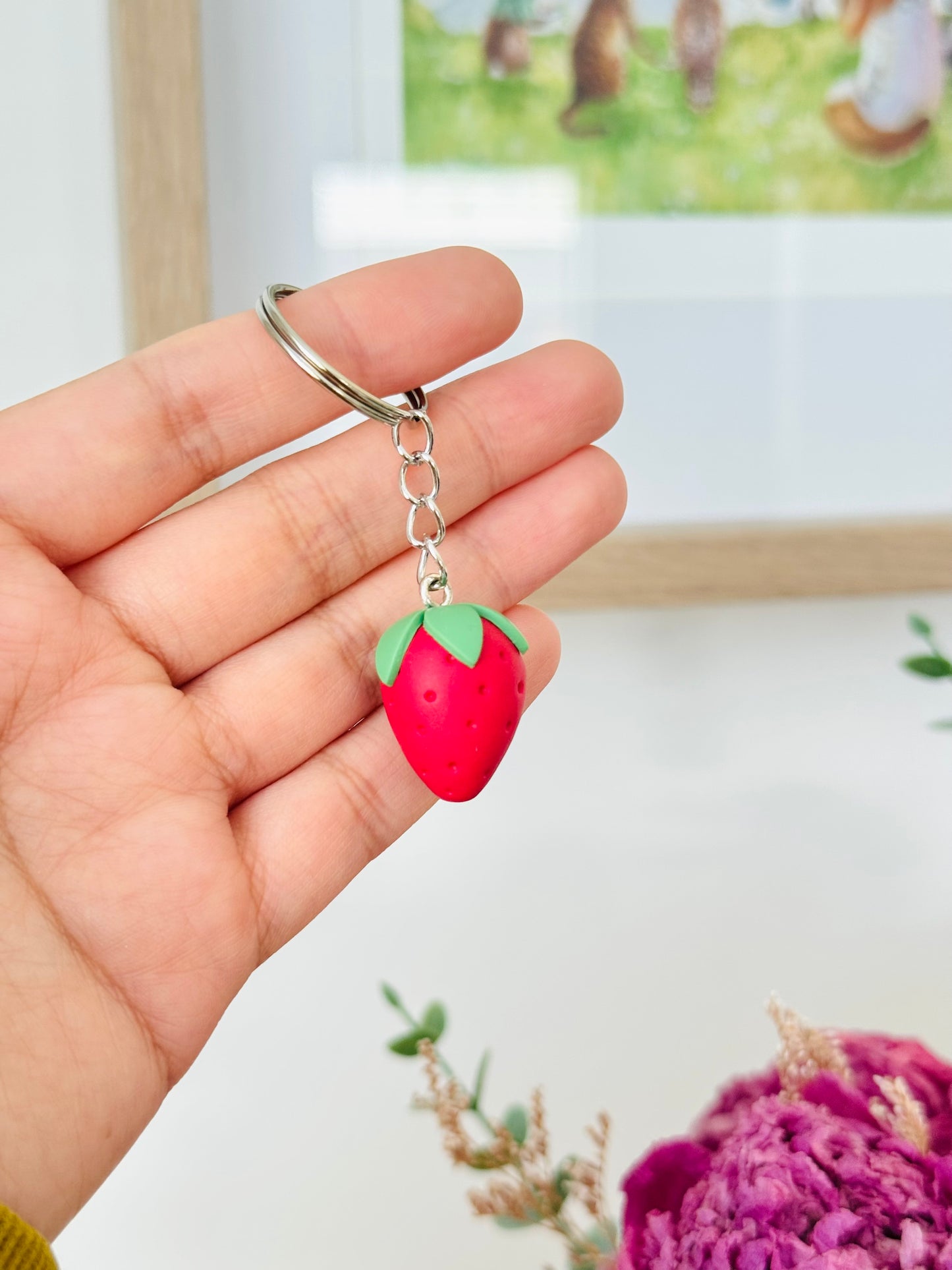 Handmade polymer clay strawberry keyring for keys and bags NZ