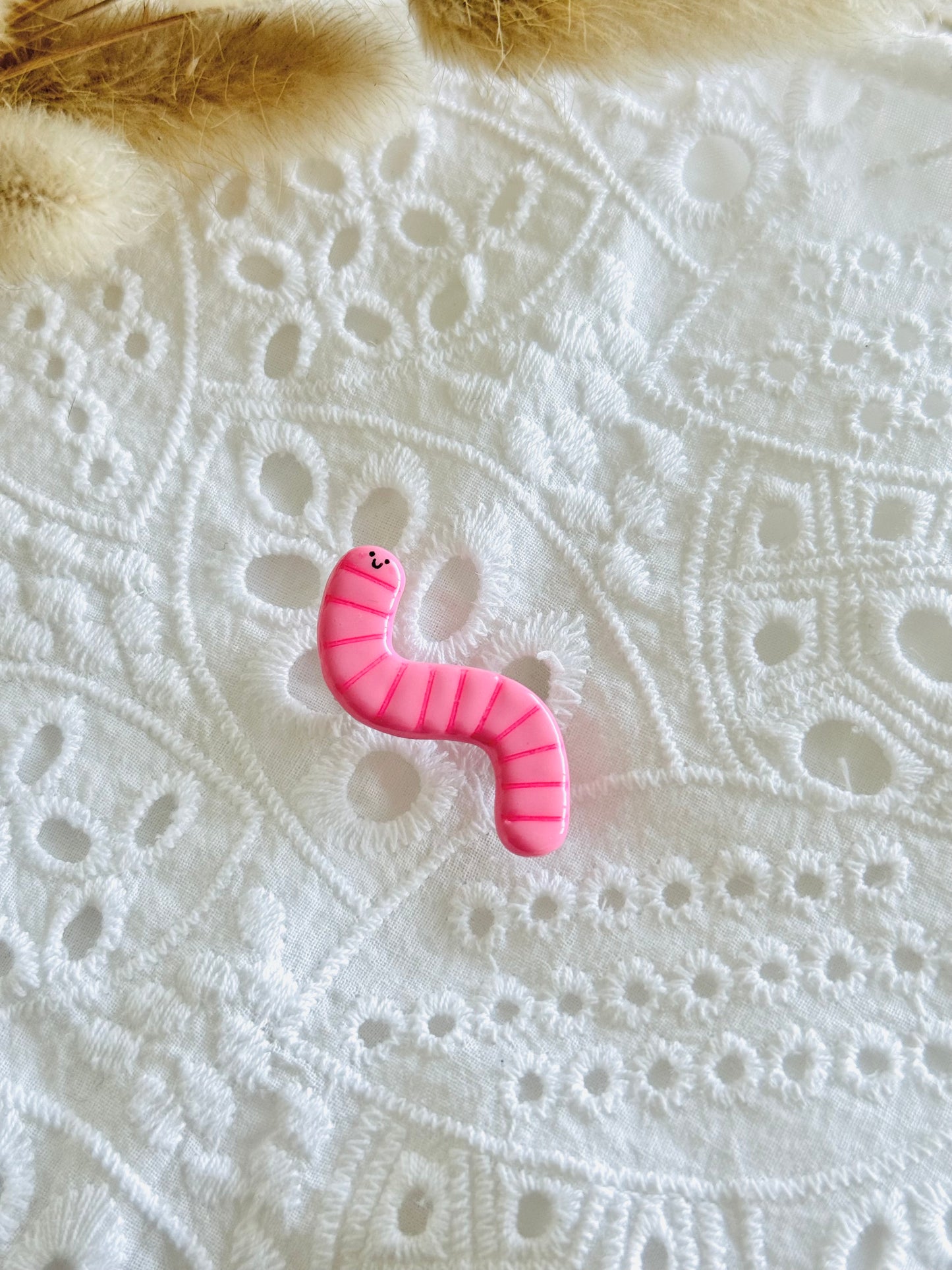 Handmade polymer clay pink worm brooch, kawaii insect pin NZ