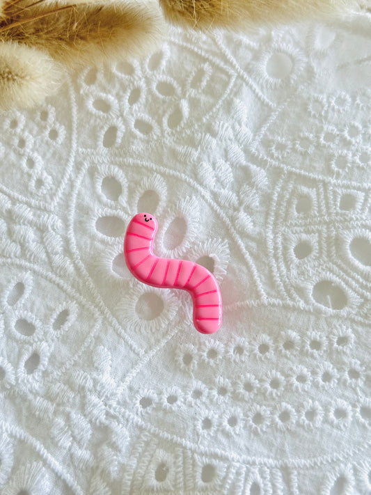 Handmade polymer clay pink worm brooch, kawaii insect pin NZ