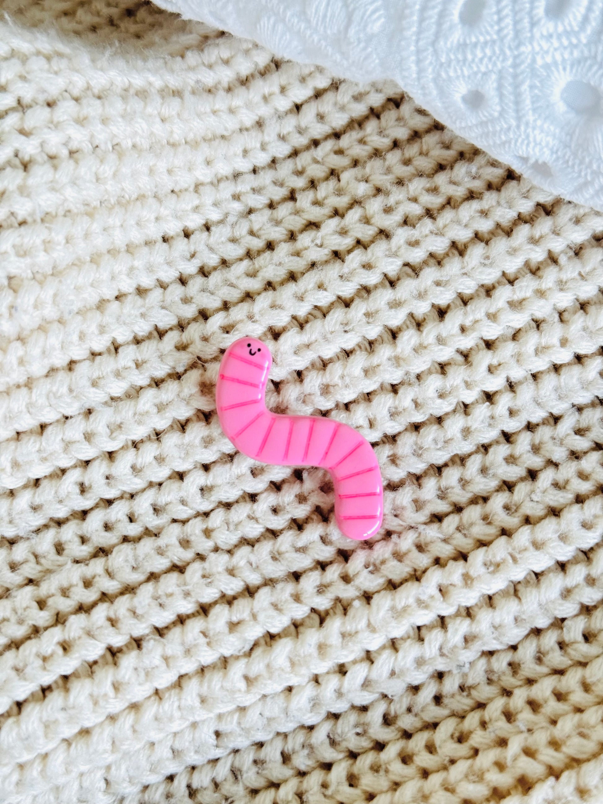 Handmade polymer clay pink worm brooch, kawaii insect pin NZ