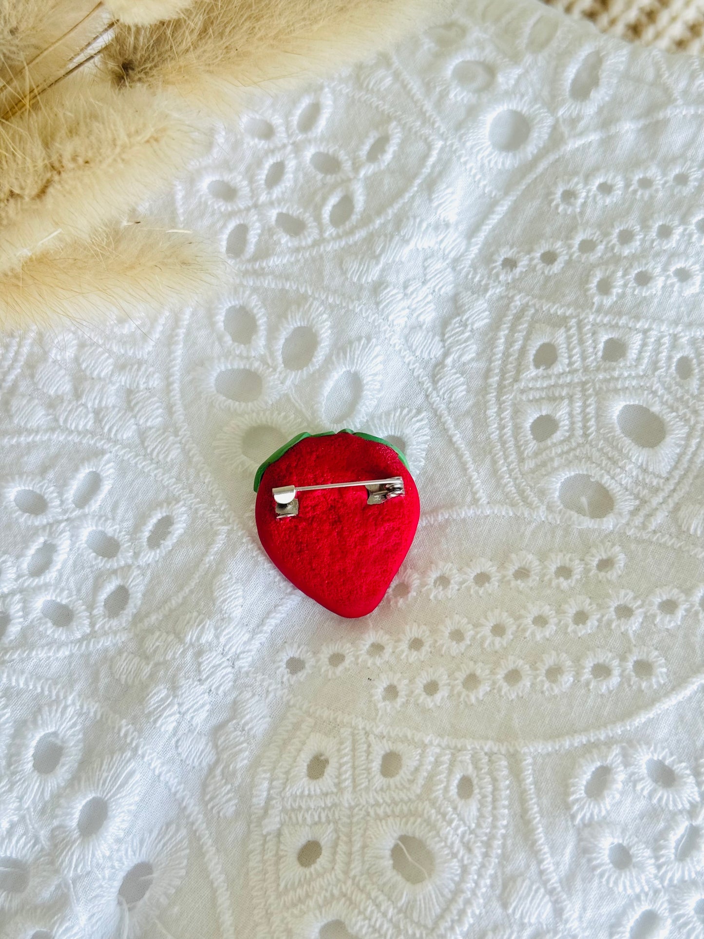 Handmade polymer clay strawberry brooch, kawaii fruit pin NZ