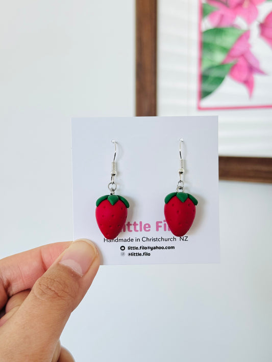 Handmade polymer clay strawberry earrings, cute fruit dangle jewelry N