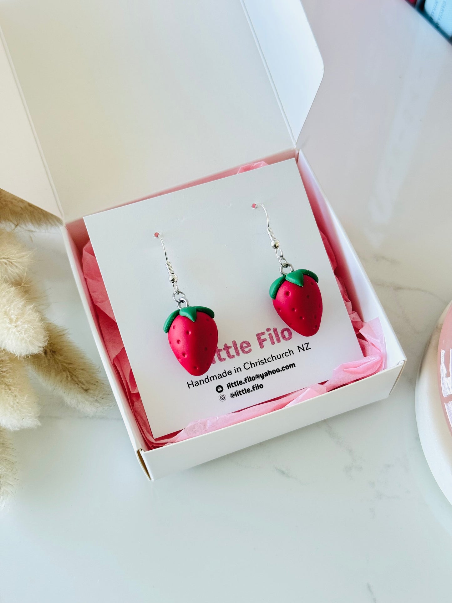 Handmade polymer clay strawberry earrings, cute fruit dangle jewelry N