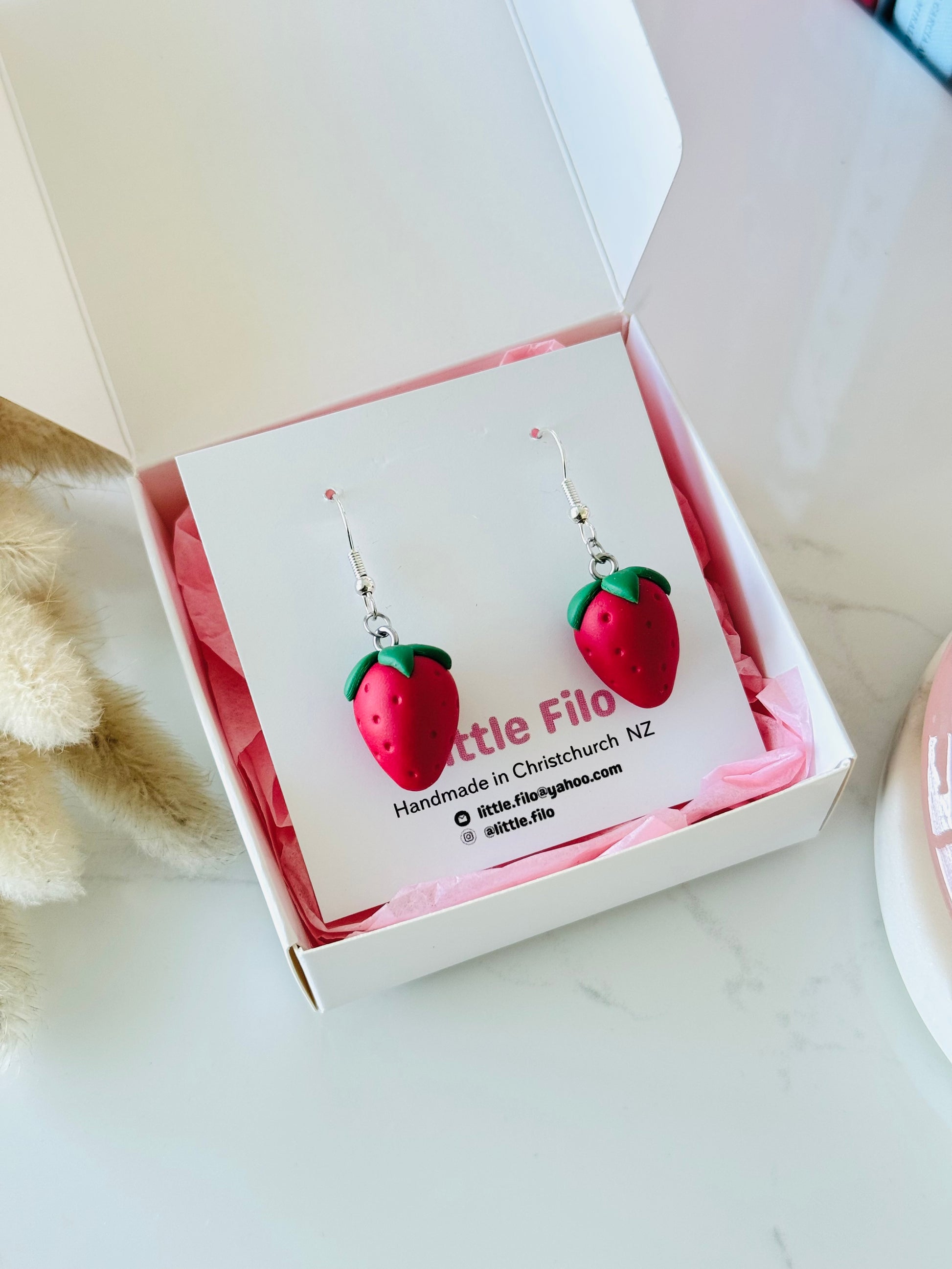 Handmade polymer clay strawberry earrings, cute fruit dangle jewelry N
