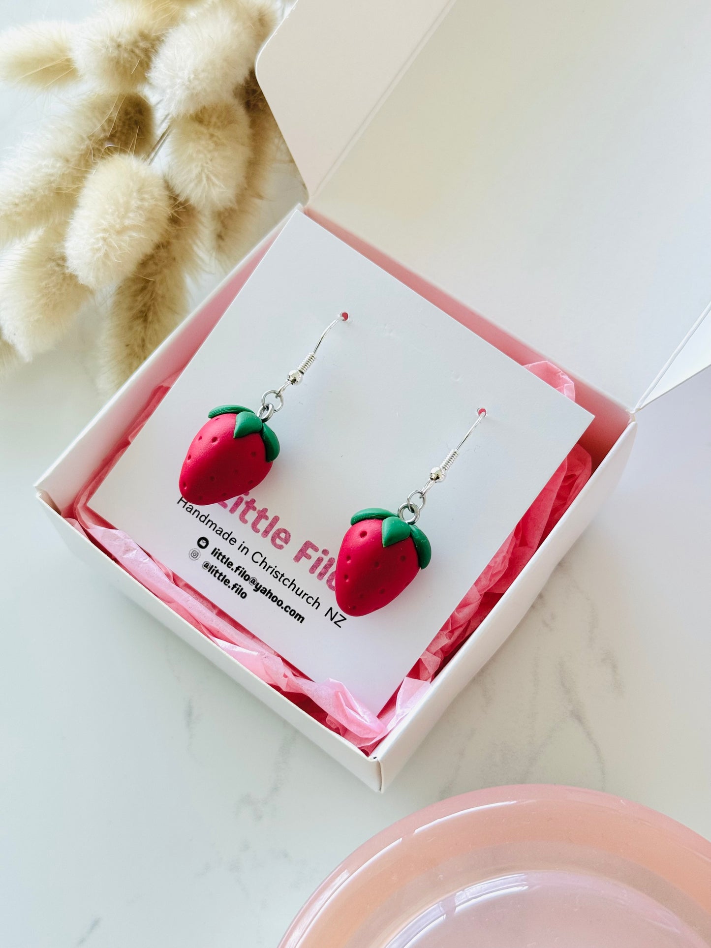 Handmade polymer clay strawberry earrings, cute fruit dangle jewelry N