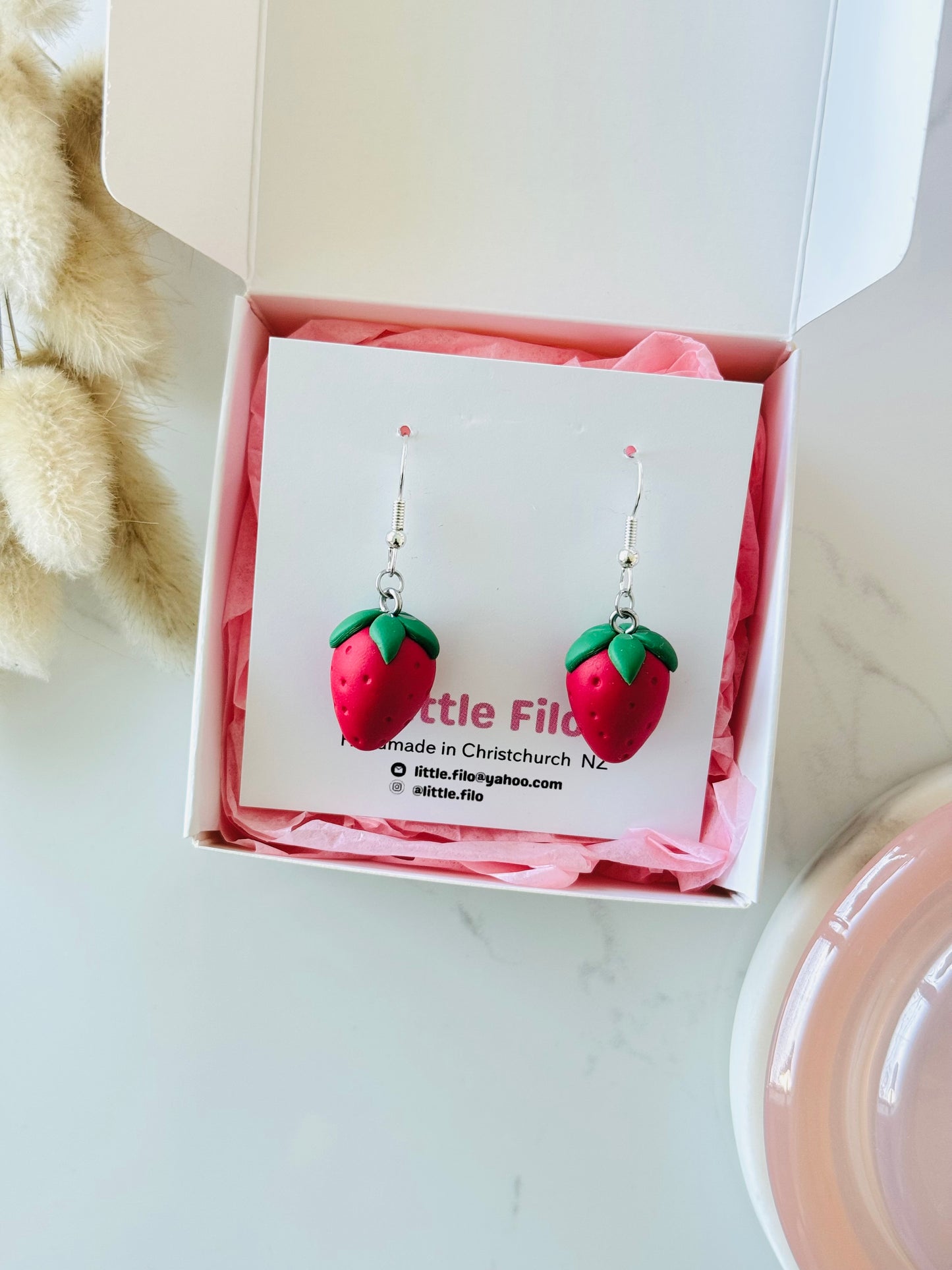 Handmade polymer clay strawberry earrings, cute fruit dangle jewelry NZ